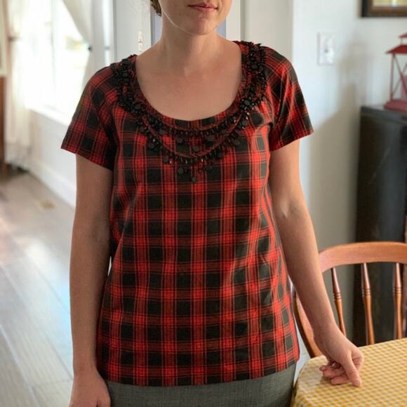 J. Crew Plaid 100% Silk Top with Black Beading, 2 - Picture 1 of 5
